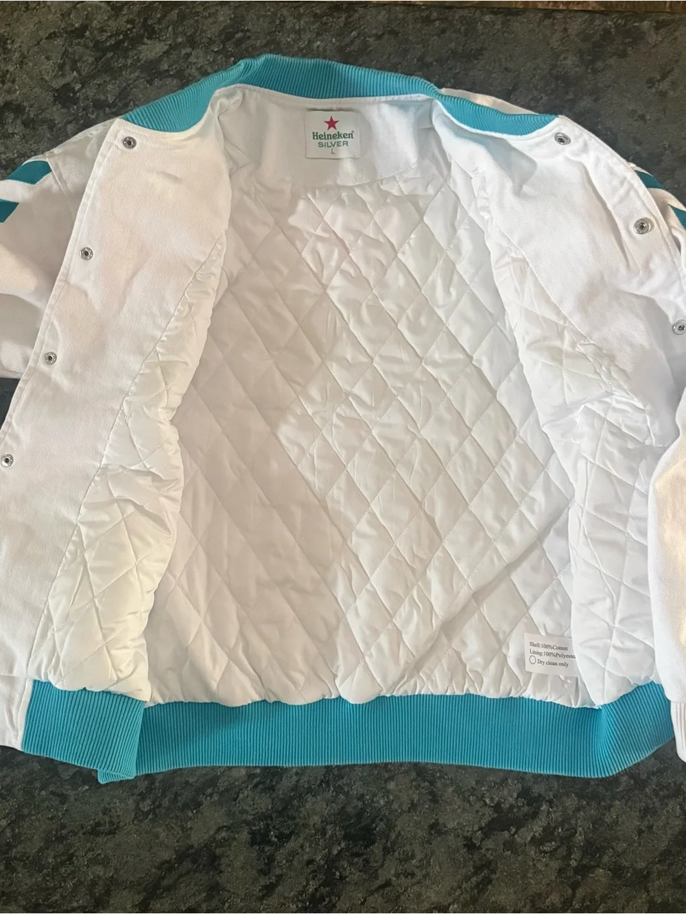 Men’s White & Teal Formula One  Racing Jacket, size Large.  Las Vegas  2025